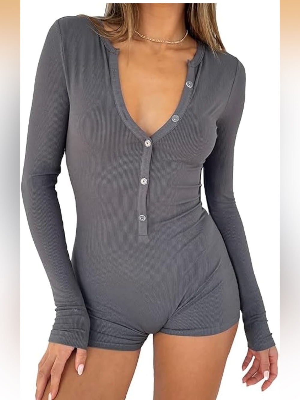 Victoria's Secret Gray Long-Sleeve V-Neck Henley Bodysuit